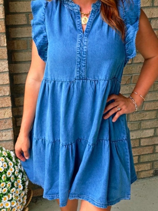 Dresses & Skirts - Blue Denim Tiered Ruffle-Sleeve Dress